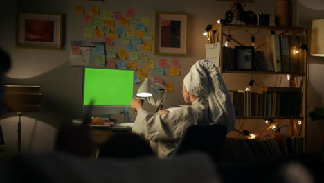 Unknown-girl-resting-mockup-computer-closeup.-Woman-drinking-working-remotely