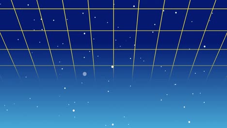 Dots-moving-towards-the-camera-while-grid-moving-upwards-against-blue-background.