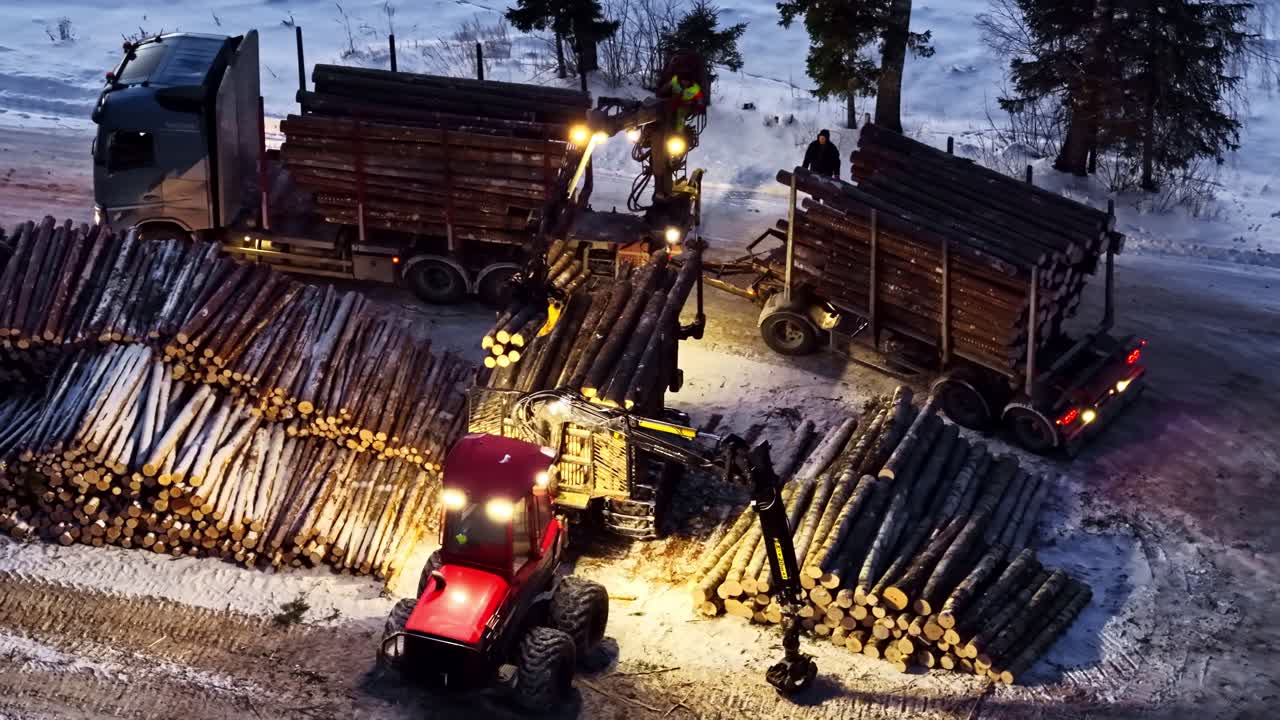 Nighttime logging operation in snowy forest with heavy machinery