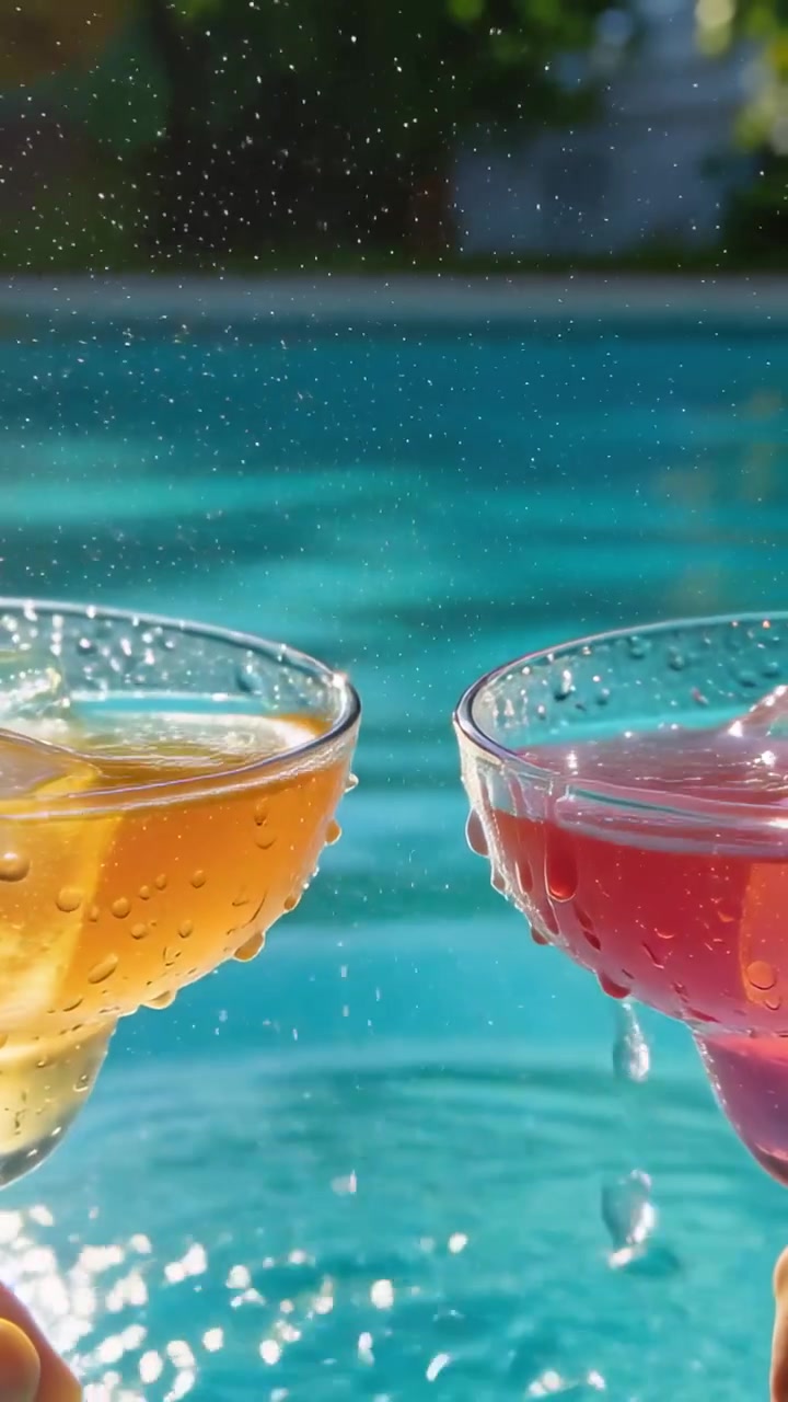Vertical video: Clinking two coupes, one with citrus, drinks splashing into turquoise pool toasting