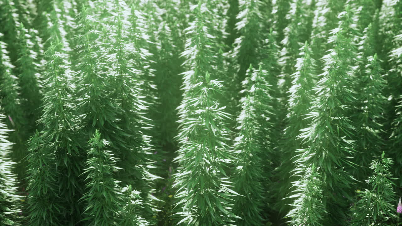 Green hemp plants grow densely in a lush farm during sunny daylight hours