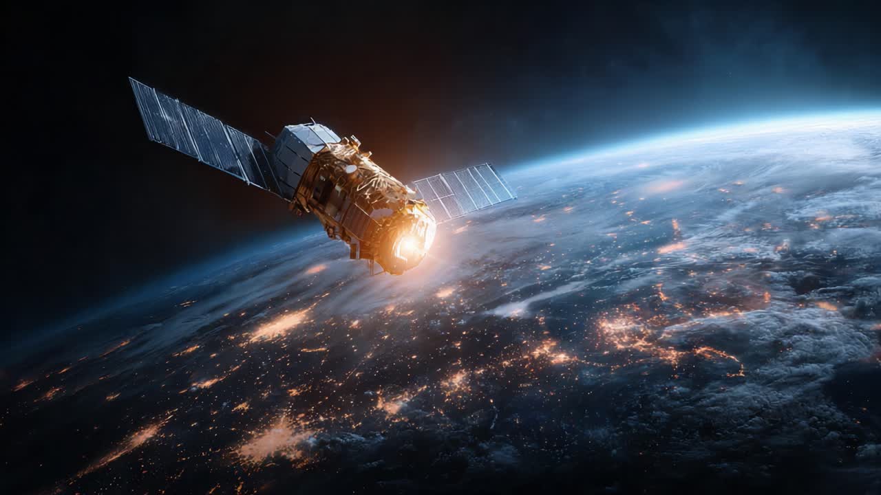 Una splendida immagine di un satellite in orbita attorno alla Terra, illuminato dalle luci della città sottostante, che cattura la bellezza mozzafiato del nostro pianeta dallo spazio