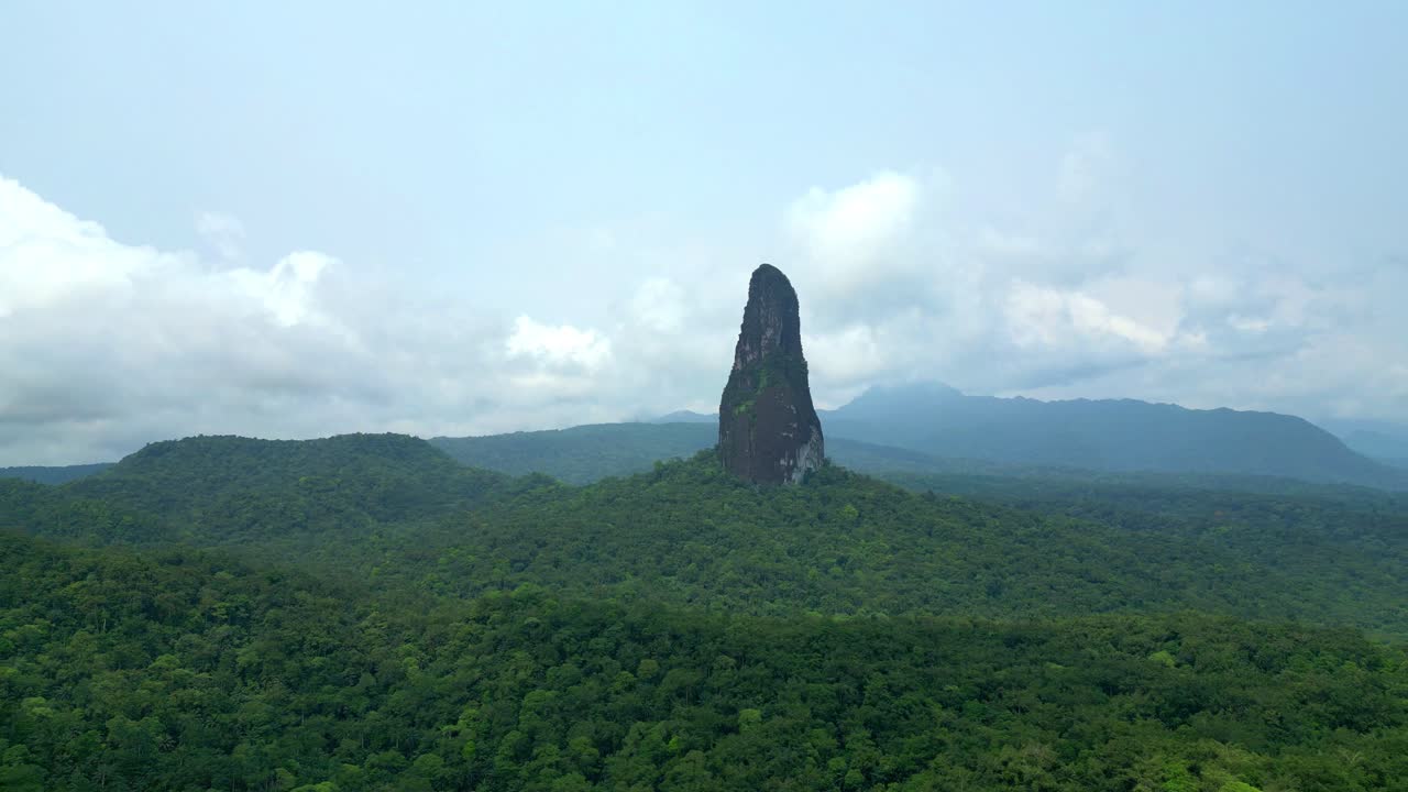Aerial view from Pico Cão Grande. A volcanic elevation with a pronouncedly sharp shape, located in São Tomé and Príncipe, more precisely in the south of the island.Africa