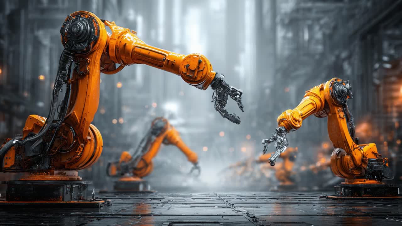 A Futuristic Scene of Robotic Arms Interacting in an Industrial Setting, Showcasing Advanced Technology and Automation in a Complex Urban Environment
