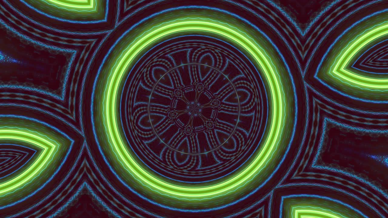 bucle sin fisuras de círculos concéntricos pulsantes verdes psicodélicos en caleidoscopio fractal