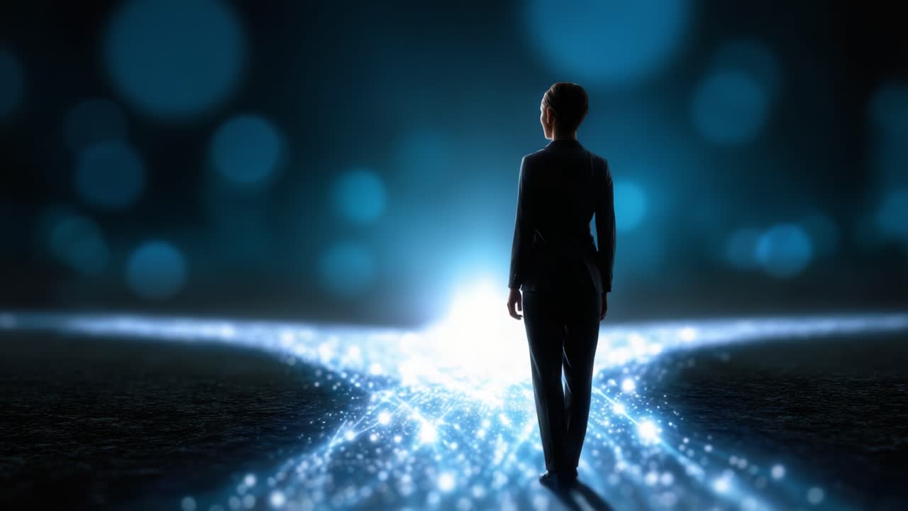 A figure stands at the crossroads of light, surrounded by shimmering particles, contemplating the journey ahead in a mesmerizing digital landscape filled with wonder