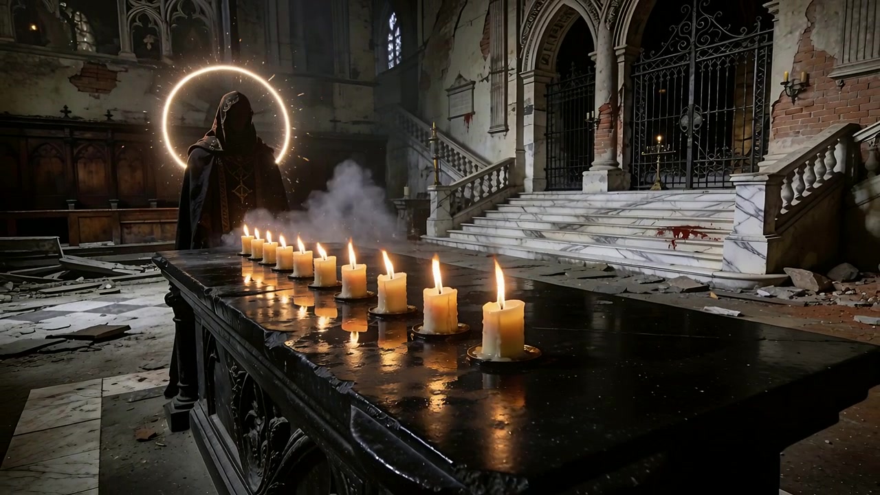 Panorerende kamera viser kledd hettekledd skikkelse som leder et ritual i forlatt kirke, 9 brennende lys