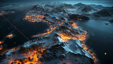 aerial view of a snowy coastal village illuminated at night with stars