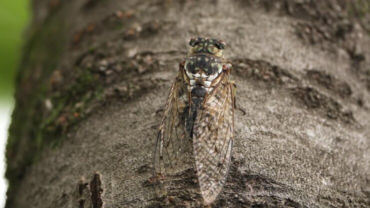 Robust Cicada Singing Loudly on Tree Branch and Flies Away in South Korea - macro closeup
