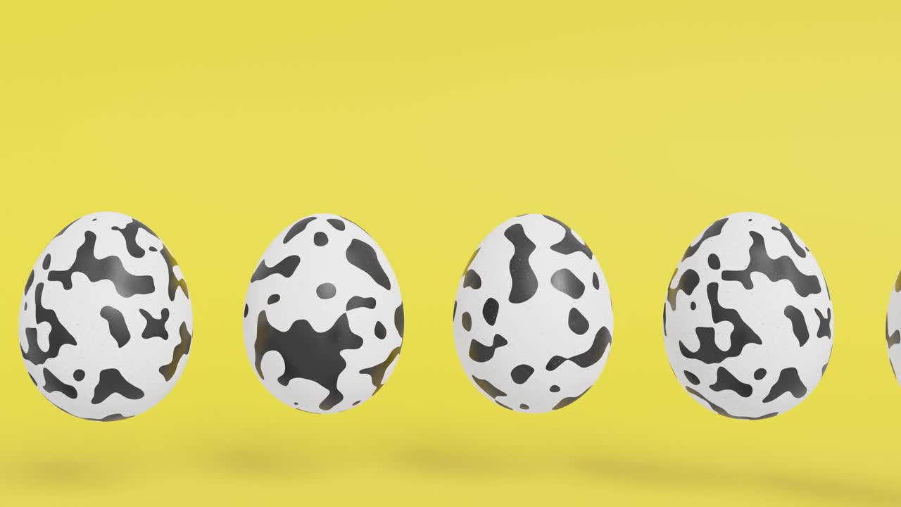 노란색 배경에 추상적인 검은 반점이 있는 부활절 달, 3d 렌더링 휴가 개념 애니메이션, 원활한 루프 부활절 배경