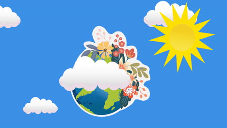 animation of sun and laughing globe on blue sky and clouds