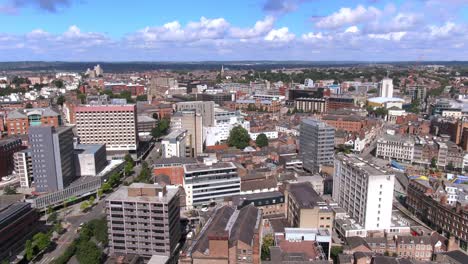 aerial drift right wide drone shot of nottingham, england on summer day