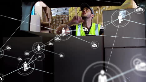 organizing boxes in warehouse, network connections animation overlaying scene