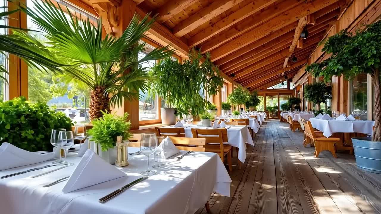 A restaurant with tables and chairs set up for a meal