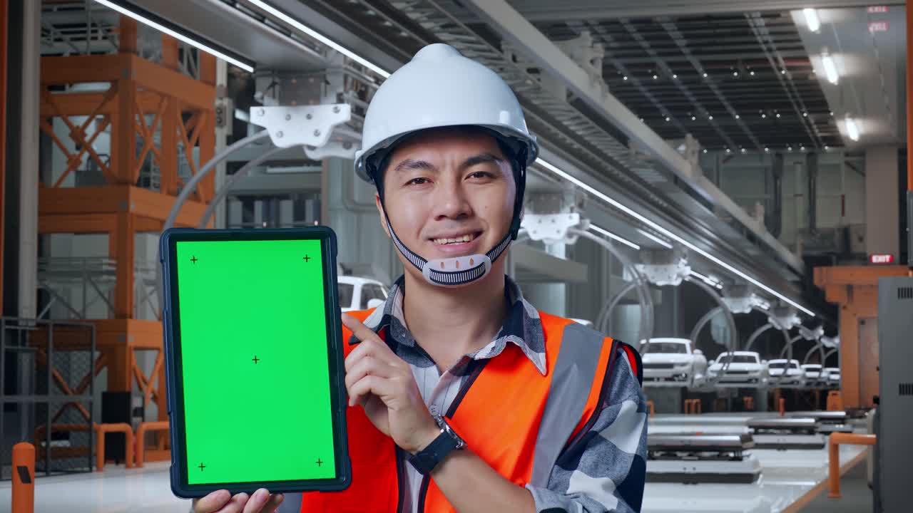 안전 헬을 입은 아시아 남성 엔지니어가 미소 짓고 ev 자동차 공장에서 서 있는 동안 카메라에 녹색 화면 태블릿을 보여주고 있습니다.