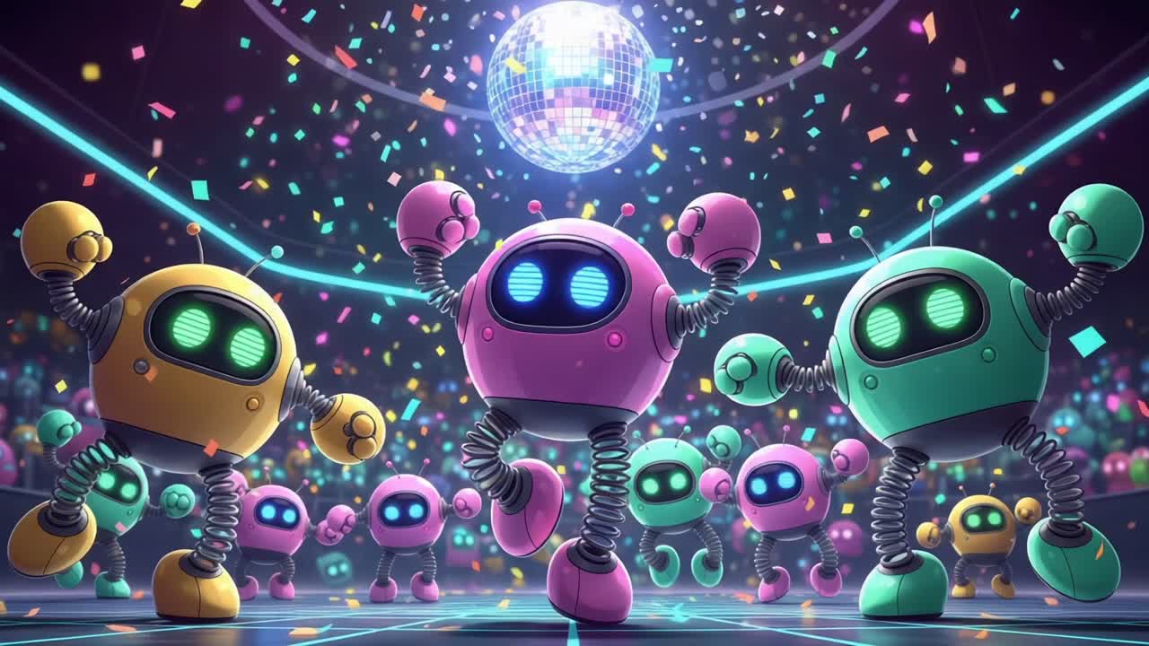 Una vivace festa da ballo con robot colorati che si muovono al ritmo di una scintillante palla da discoteca, circondati da coriandoli ed energia gioiosa, che celebra lo spirito del divertimento e della danza