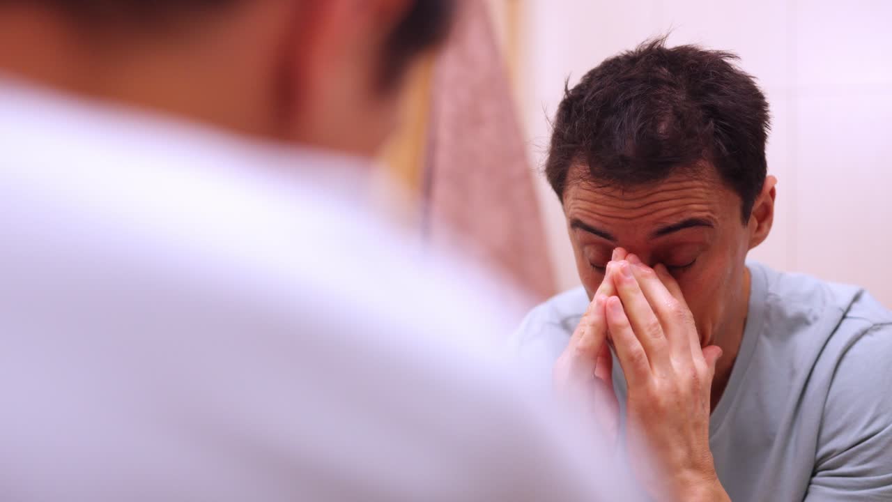 Sleepy man washing face in bathroom sink