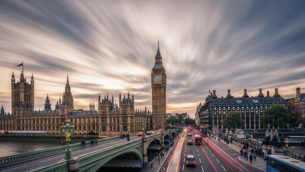 Big Ben and Westminster Bridge at Dusk with Motion Blur Traffic