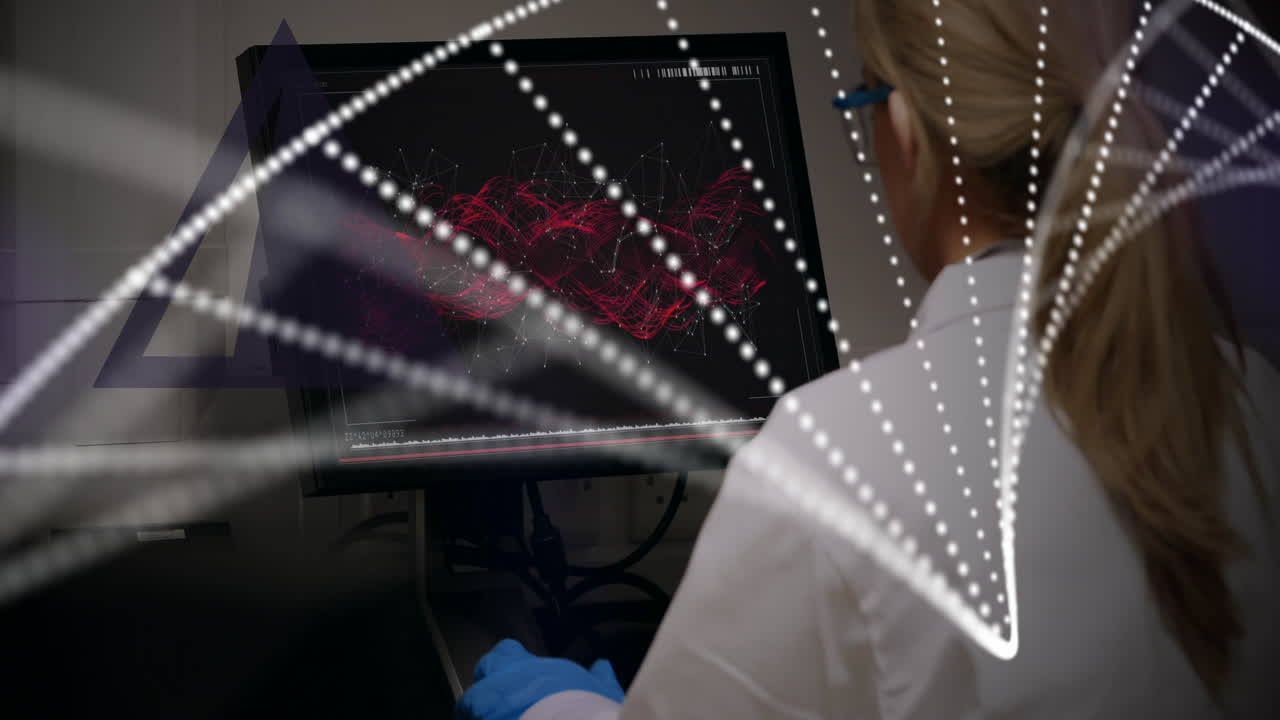 dna 헬릭스의 애니메이션, 데스크에서 dna 구조를 조사하는 여성 백인 과학자의 뒷면