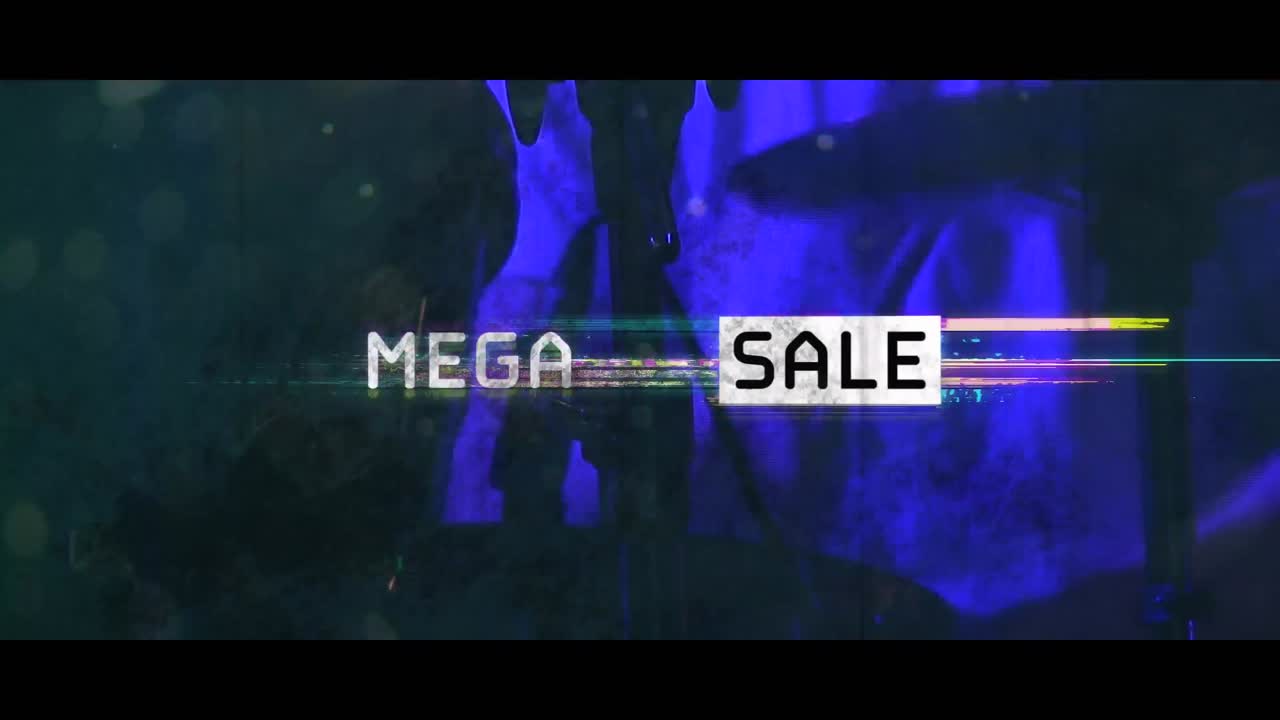 animación de mega venta en texto en blanco y negro con distorsión colorida sobre el baterista de rock