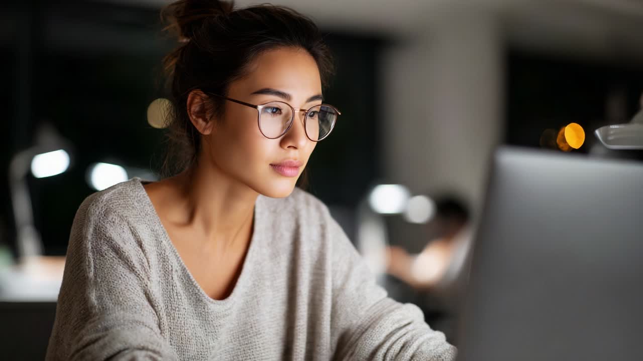 Focused Woman Working Late at Night on Computer, Wearing Glasses, Displaying Concentration and Intense Engagement in Digital Tasks While Surrounded by Soft Ambient Lighting in a Contemporary Office Space