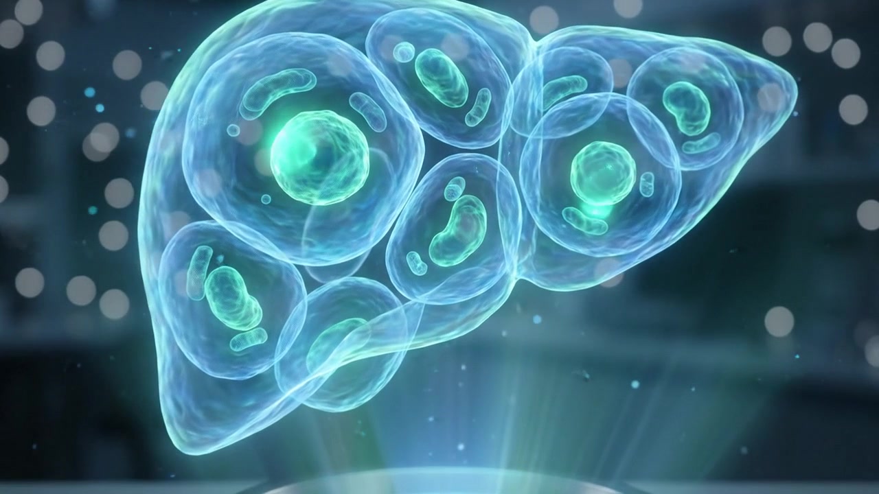 3D blue glowing human liver organ anatomy visualization