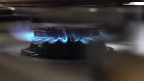 close up shot of stove flame heating, boiling, a pot or pan