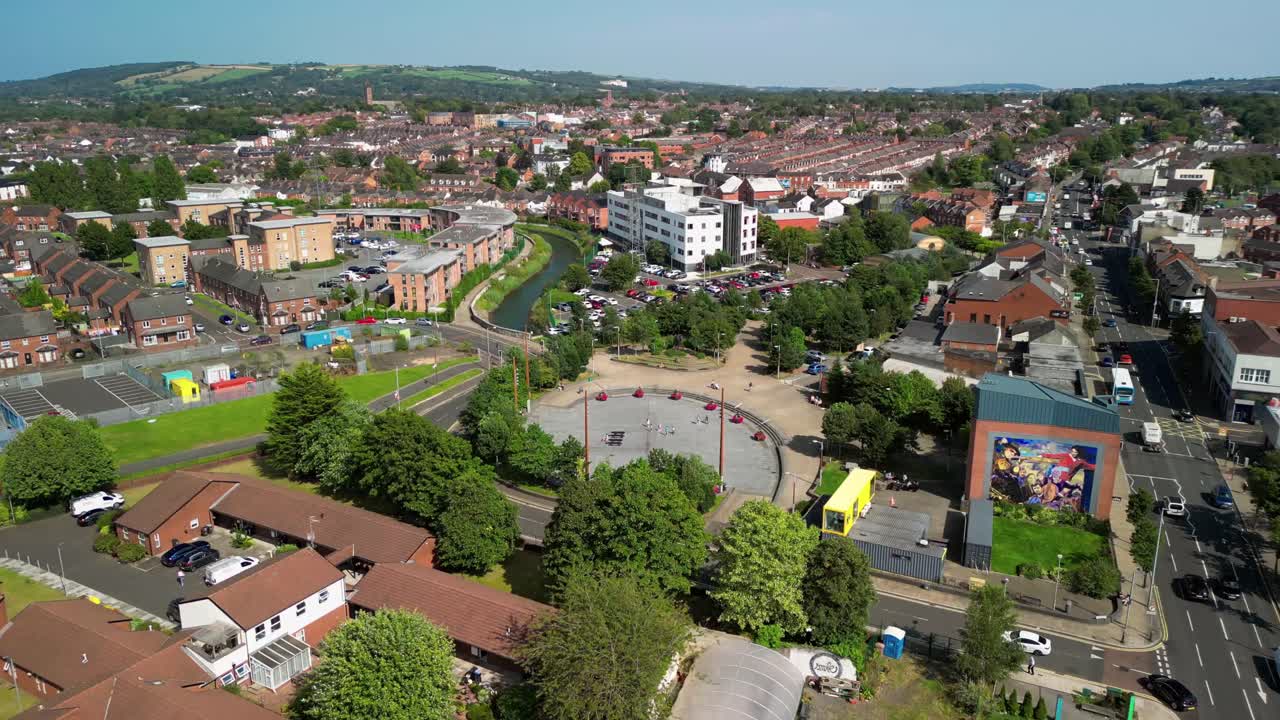 Reversing aerial GV of East Belfast, Northern Ireland, UK on a bright and sunny day. Produced in 4K, 60FPS and with Rec709 color