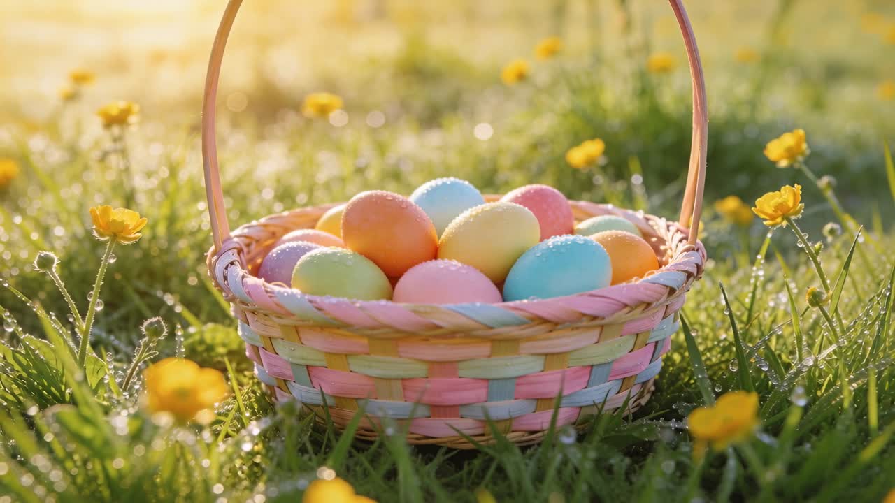 Pulling back camera revealing woven pastel basket with arched handle on lawn, showing eggs, dew