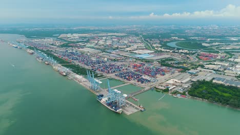 expansive drone shot of northport in klang, malaysia, revealing container terminals, port infrastructure, and a sprawling cityscape under a partly cloudy sky.