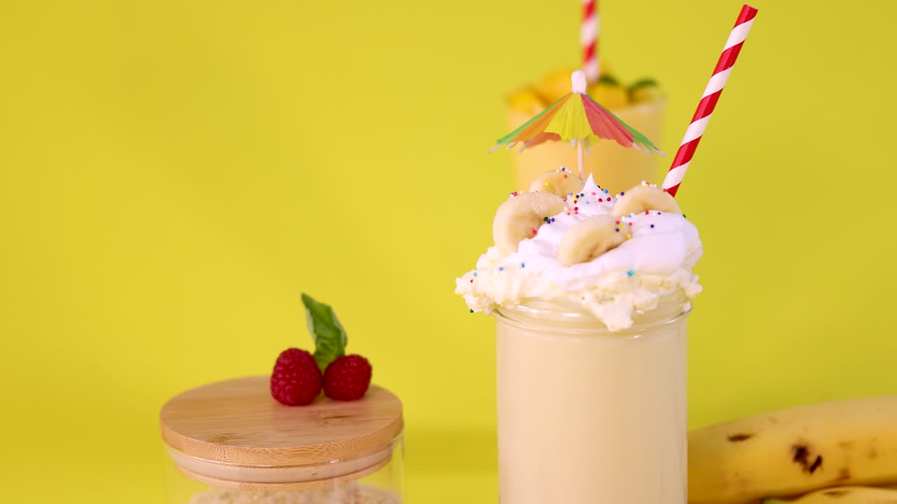 Hand decorates banana milkshake with cocktail umbrella, whipped cream, fruit garnish, bright yellow background