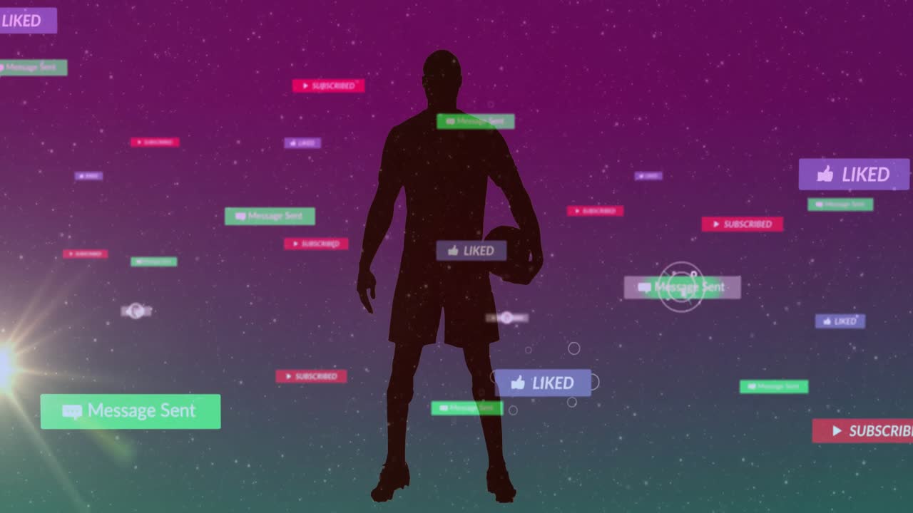 Giocatore di basket che tiene la palla in un prompt di invio tecnologico, generando notifiche fluttuanti che aumentano la portata.