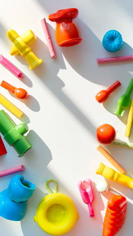 colorful plastic toys on white background with sunlight shadows