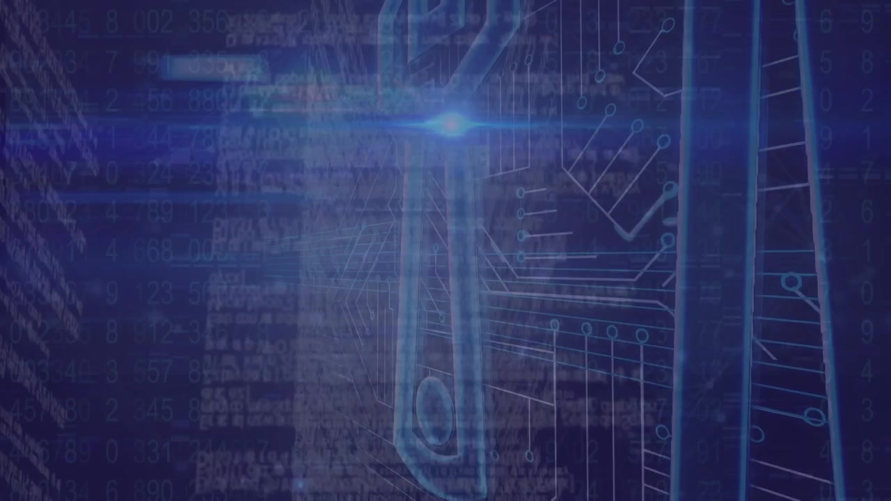 Animation of light beam on data processing with hud elements, setting icon on digital interface