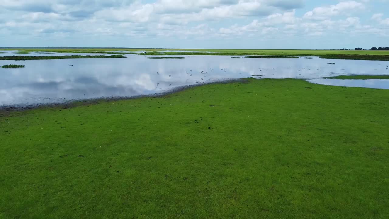 평야에서 강 위로 오르는 공중 샷