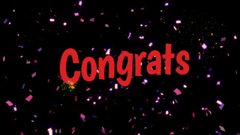 animation of congrats text in red and falling confetti on black background