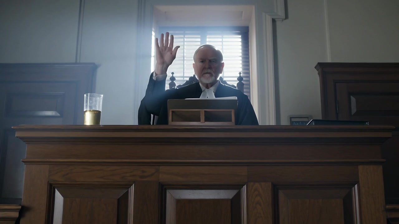 Sentendo rumore, un giudice anziano in toga batte sul banco, alzando la mano e gridando per l'ordine, con un bicchiere di vetro.