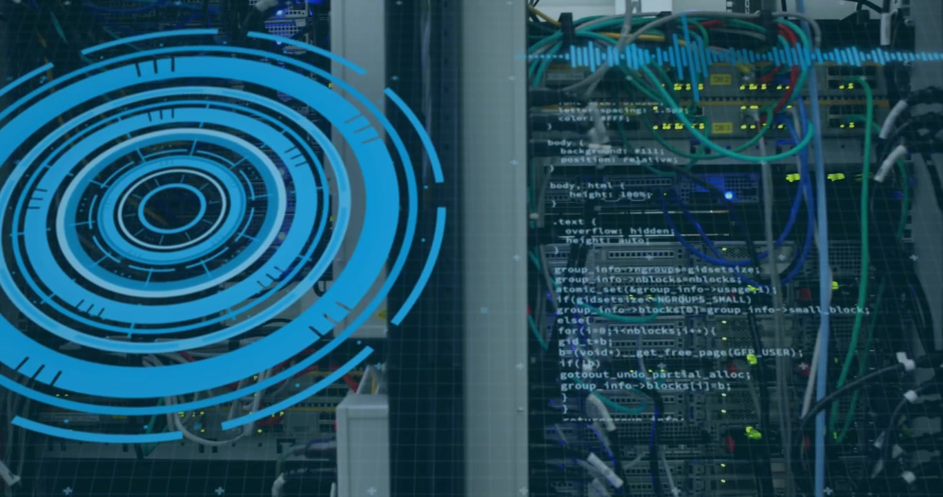 Animation of processing circle over integrated circuit and computer wires