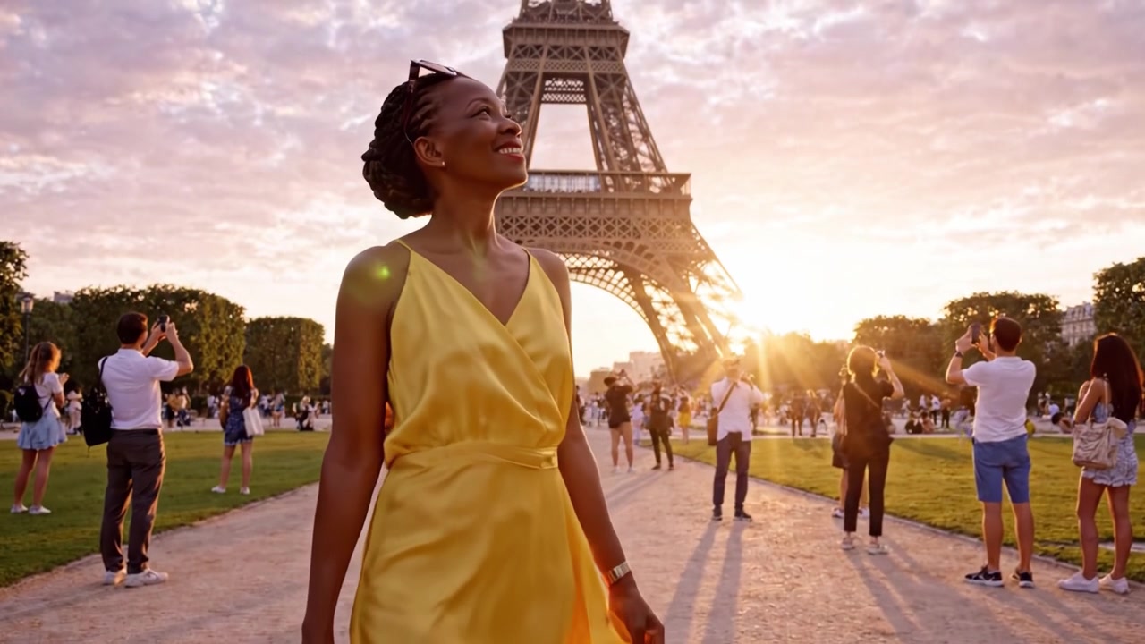 Un Paseo al Atardecer Cerca de la Icónica Torre Eiffel: Disfrutando el Resplandor Dorado del Anochecer en París Mientras se Captura el Momento Perfecto con un Atuendo Vibrante