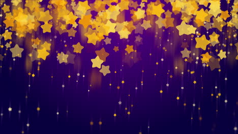 golden sparkling stars fall on purple fairytale background. loop animation with copy space. cartoon frame.