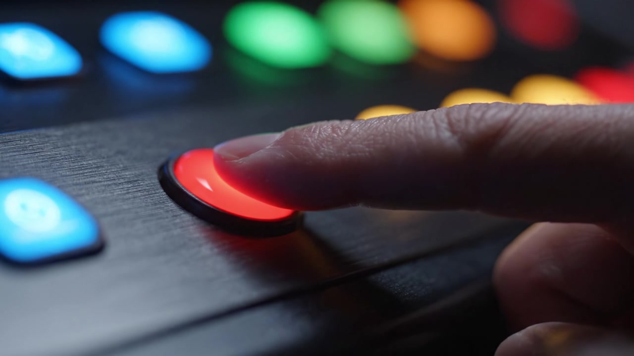 Close-Up of a Multimedia Controller with Colorful Buttons and a Prominent Red Activation Button Illustrating User Interaction in Technology