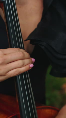 young attractive girl playing cello. woman playing the cello in mountain forest
