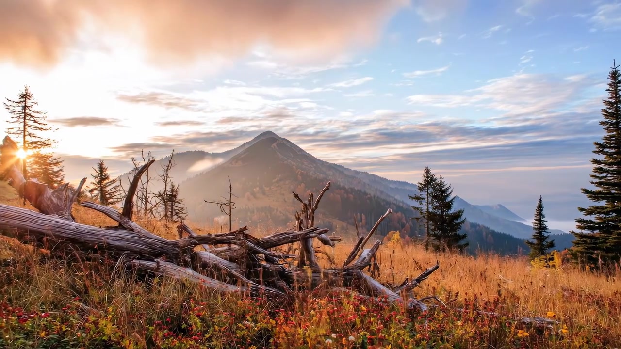 Paesaggio montano panoramico al tramonto con un albero caduto