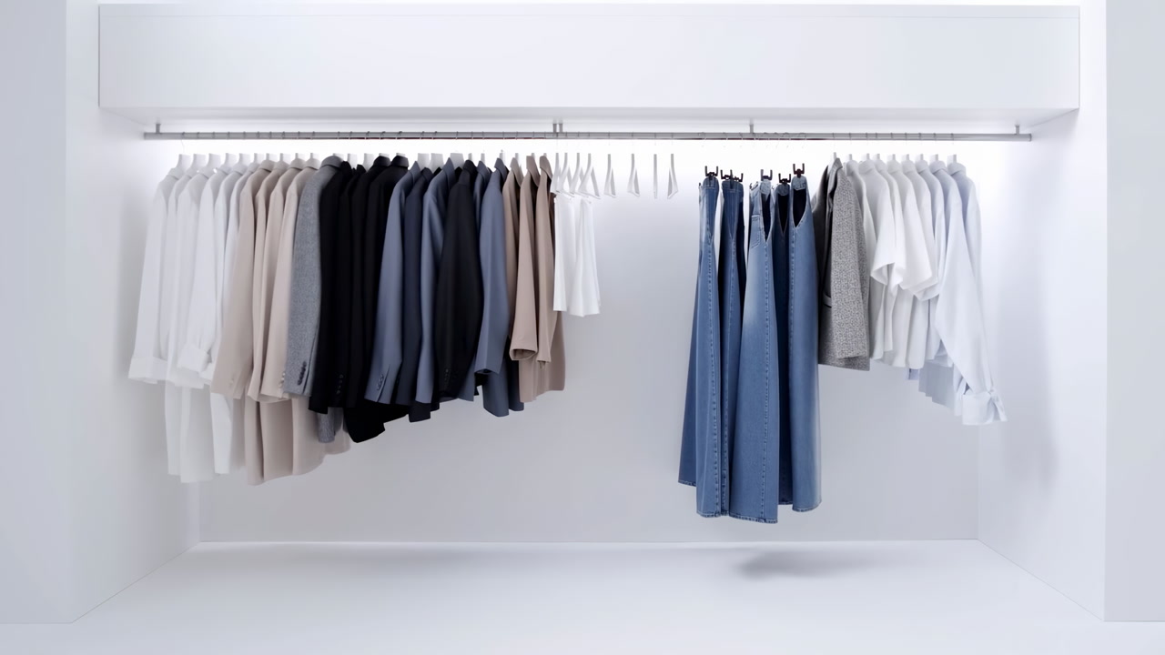 Neat White Closet With Hanging Garments Showcasing Minimalist Capsule Wardrobe In Neutral Palette With Shirts,