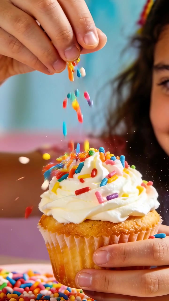 Video verticale: Bambino con maglietta vivace tiene un cupcake decorando con codette colorate su un tavolo