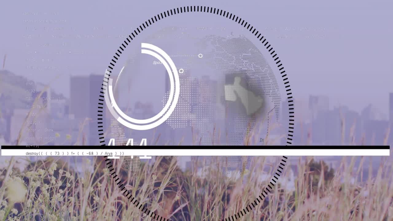 animación del procesamiento de datos y escaneo de alcance con globo sobre el paisaje urbano