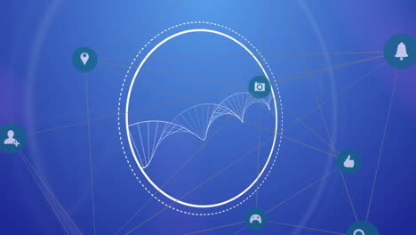 animation of media icons and scope scanning over dna strand