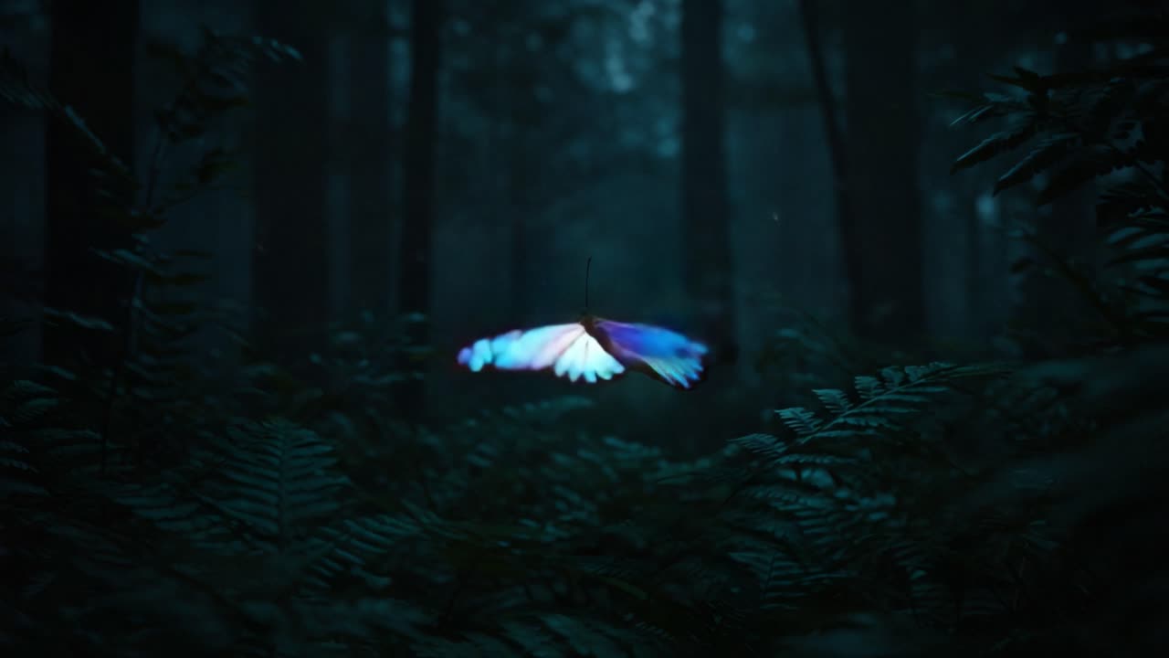 Una farfalla luminosa abbellisce la foresta incantata, irradiando colori iridescenti tra le ombre mistiche della vegetazione verdeggiante