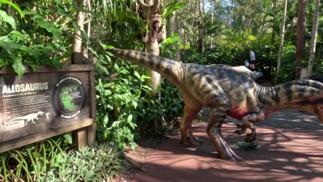 animatronic allosaurus moving in naturalistic setting