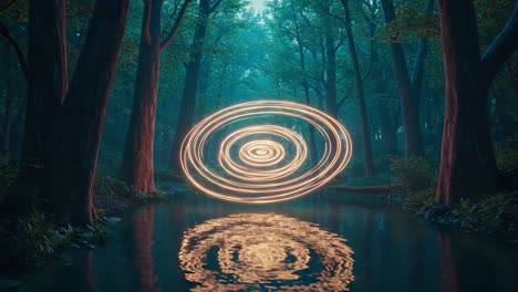 A Mesmerizing Display of Ethereal Light Patterns Reflected in a Tranquil Stream Surrounded by Lush Forests and Enchanting Nature